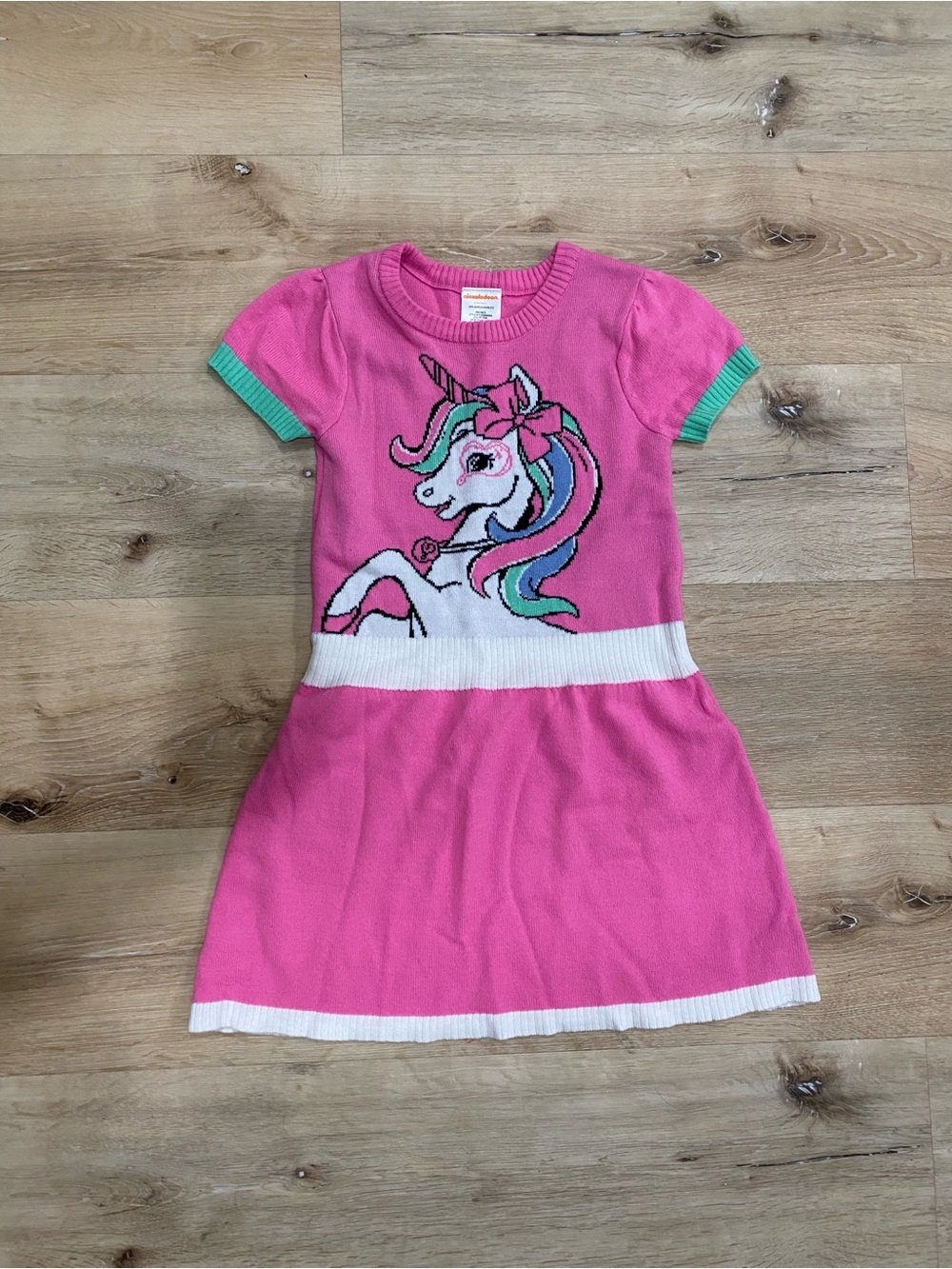 Nickelodeon JoJo Siwa 6/6X Pink Knit Unicorn Bow Dress with Mint Trim